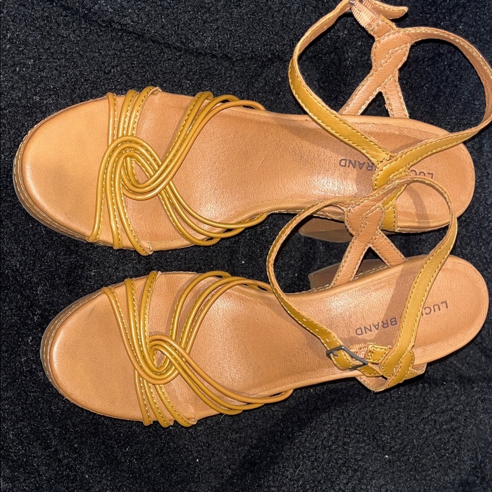 Lucky Brand Mustard and Tan Strappy Sandals